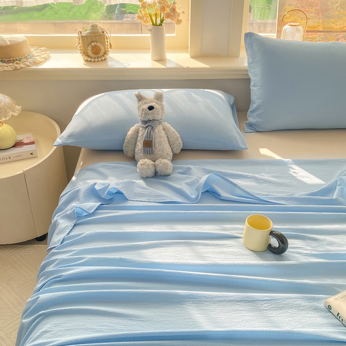 91家纺网 家纺一手货源 找家纺 晓时候 2026新款A类云感双层纱床单三件套单品单件床单 青春蓝