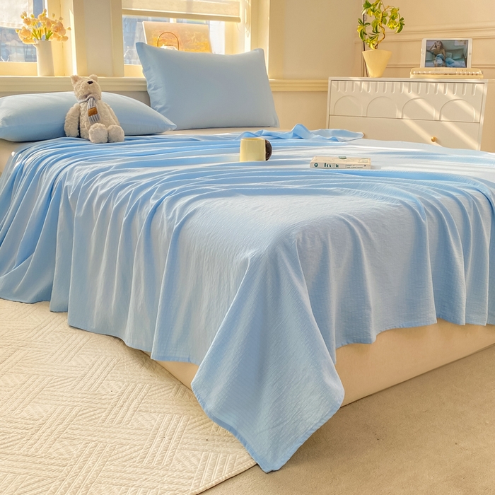 91家纺网 家纺一手货源 找家纺 晓时候 2026新款A类云感双层纱床单三件套单品单件床单 青春蓝