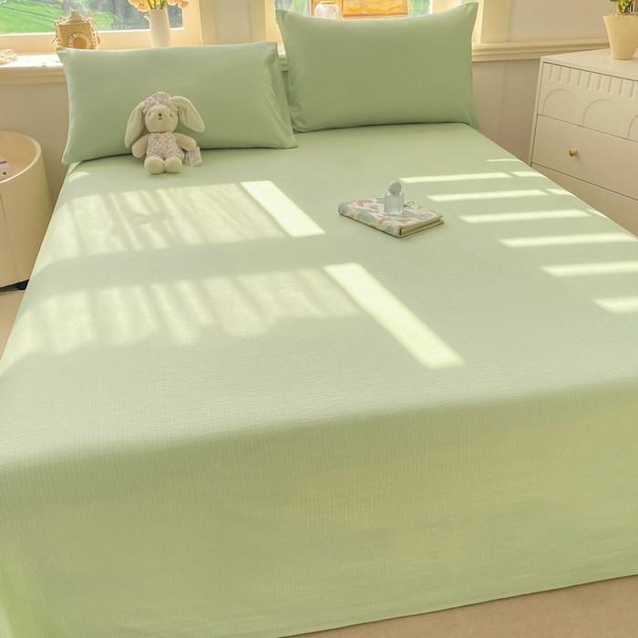 91家纺网 家纺一手货源 找家纺 晓时候 2026新款A类云感双层纱床单三件套单品单件床单 青竹绿