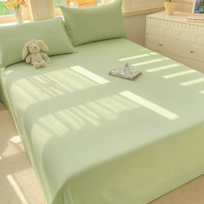 91家纺网 家纺一手货源 找家纺 晓时候 2026新款A类云感双层纱床单三件套单品单件床单 青竹绿