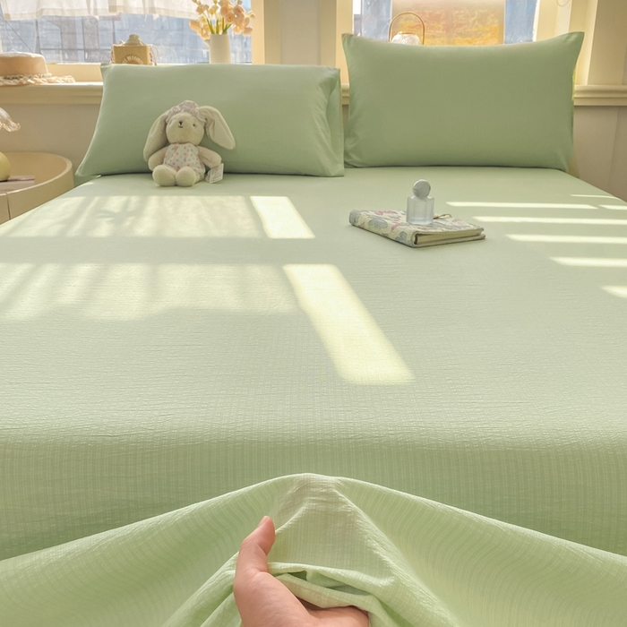 91家纺网 家纺一手货源 找家纺 晓时候 2026新款A类云感双层纱床单三件套单品单件床单 青竹绿