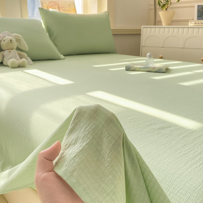 91家纺网 家纺一手货源 找家纺 晓时候 2026新款A类云感双层纱床单三件套单品单件床单 青竹绿
