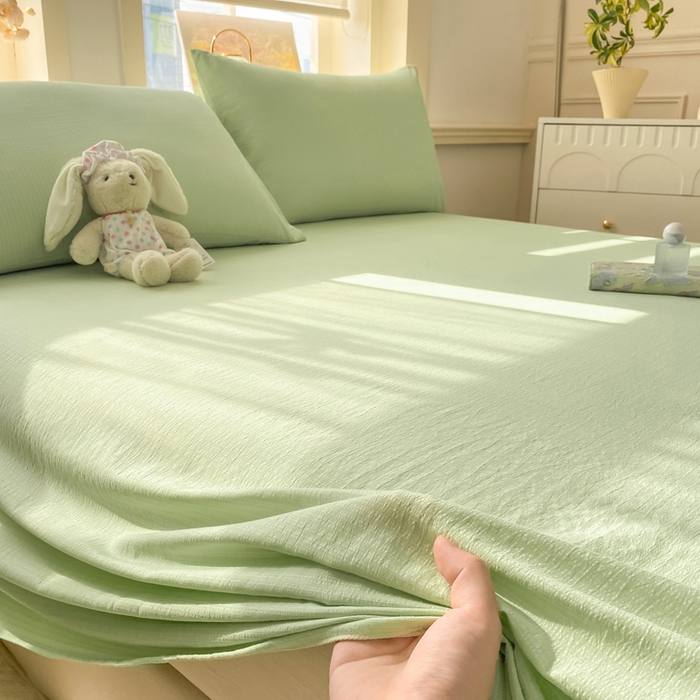 91家纺网 家纺一手货源 找家纺 晓时候 2026新款A类云感双层纱床单三件套单品单件床单 青竹绿