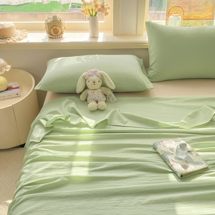 91家纺网 家纺一手货源 找家纺 晓时候 2026新款A类云感双层纱床单三件套单品单件床单 青竹绿