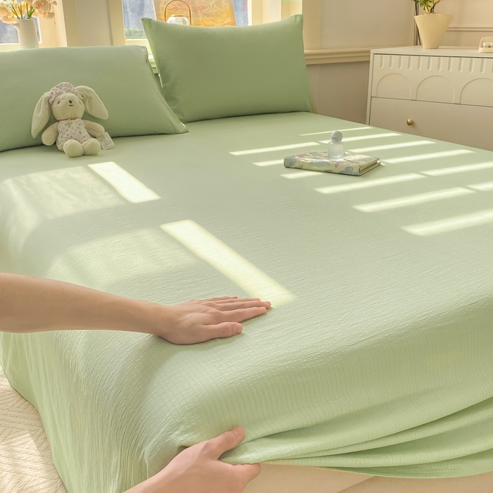 91家纺网 家纺一手货源 找家纺 晓时候 2026新款A类云感双层纱床单三件套单品单件床单 青竹绿