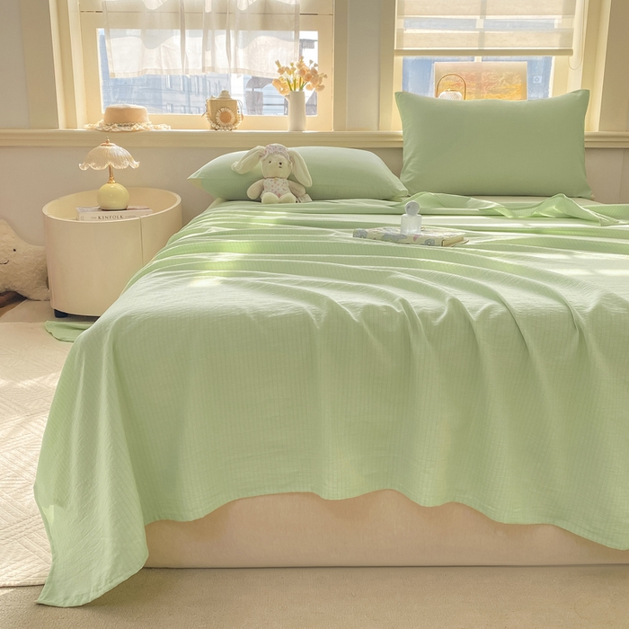 91家纺网 家纺一手货源 找家纺 晓时候 2026新款A类云感双层纱床单三件套单品单件床单 青竹绿