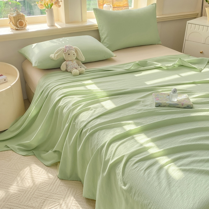 91家纺网 家纺一手货源 找家纺 晓时候 2026新款A类云感双层纱床单三件套单品单件床单 青竹绿