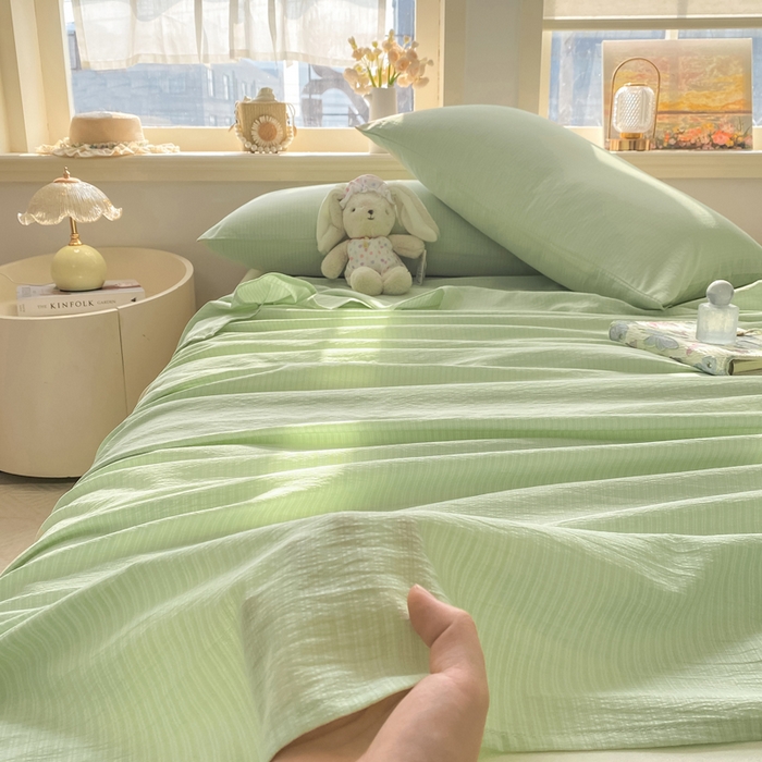 91家纺网 家纺一手货源 找家纺 晓时候 2026新款A类云感双层纱床单三件套单品单件床单 青竹绿