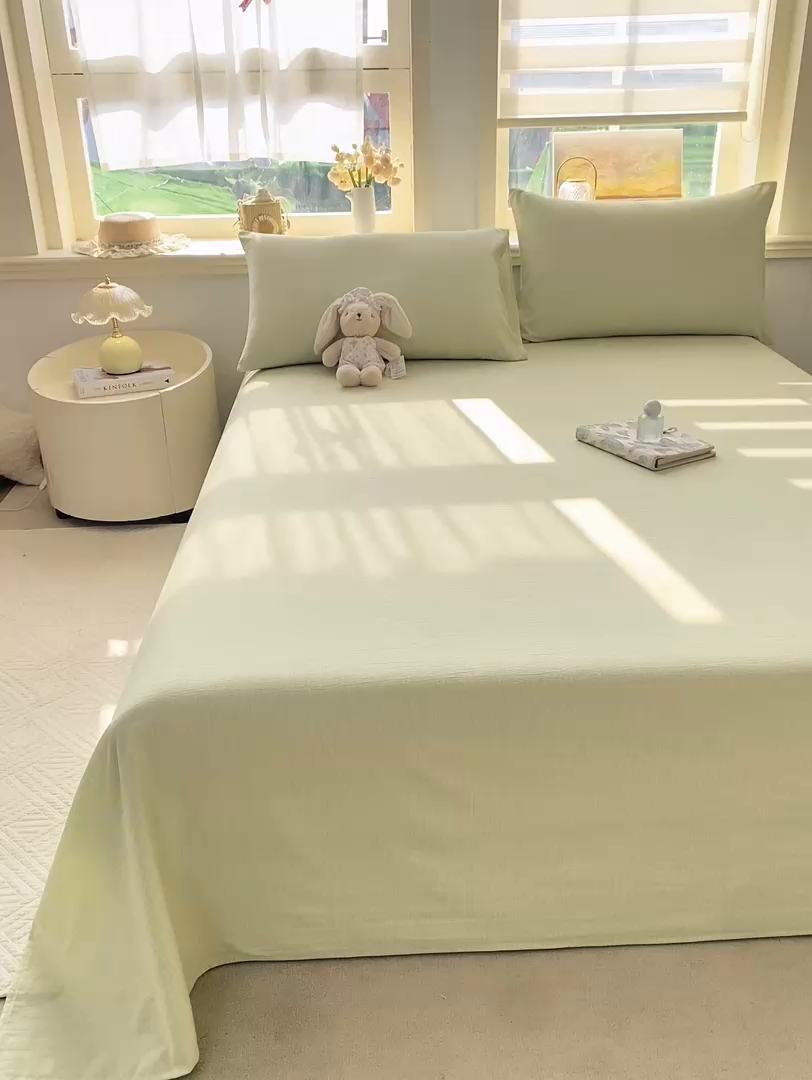 91家纺网 家纺一手货源 找家纺 晓时候 2026新款A类云感双层纱床单三件套单品单件床单 青竹绿