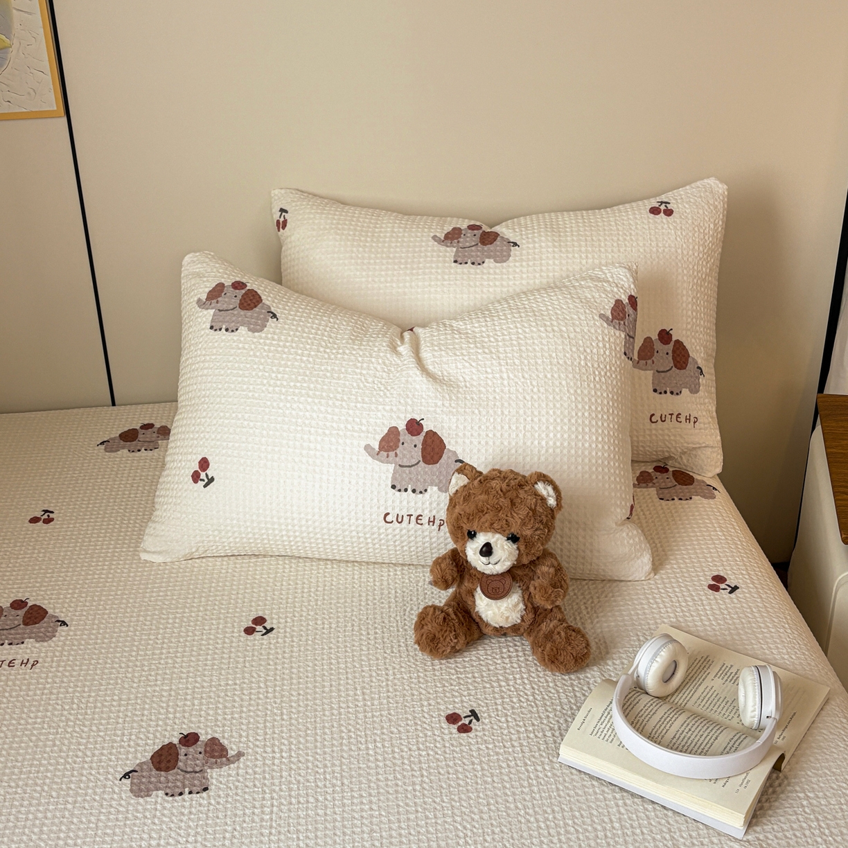 91家纺网 家纺一手货源 找家纺 居眠 2026新款全棉纯棉印花华夫格单枕套枕套单件 樱桃小象