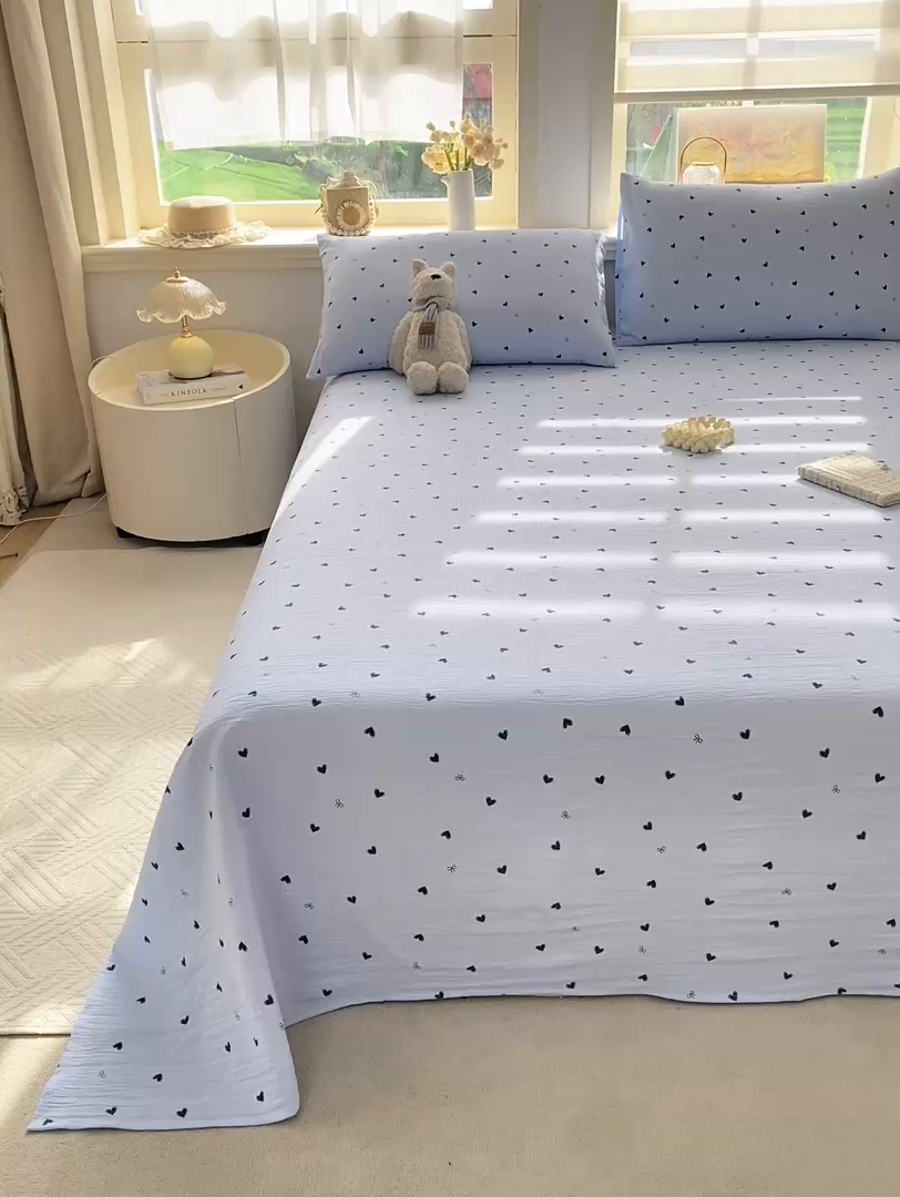 91家纺网 家纺一手货源 找家纺 晓时候 2026新款A类云感双层纱床单三件套单品单件床单 小确幸