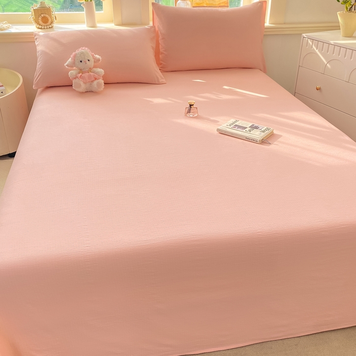 91家纺网 家纺一手货源 找家纺 晓时候 2026新款A类云感双层纱床单三件套单品单件床单 樱花粉