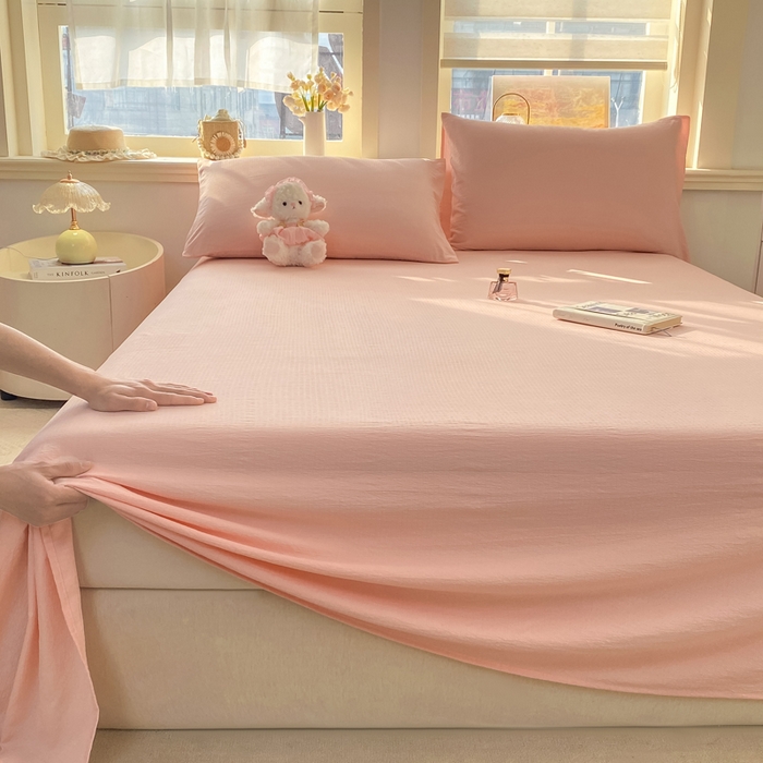 91家纺网 家纺一手货源 找家纺 晓时候 2026新款A类云感双层纱床单三件套单品单件床单 樱花粉