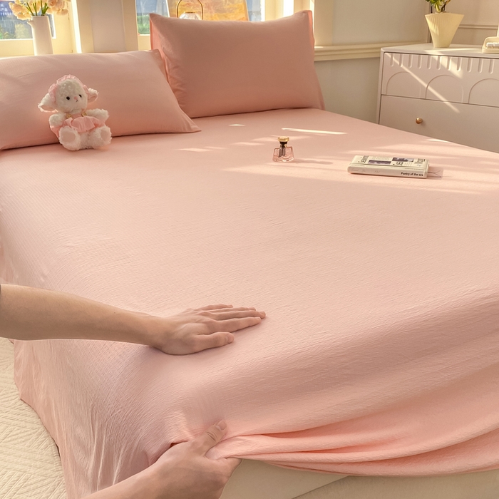 91家纺网 家纺一手货源 找家纺 晓时候 2026新款A类云感双层纱床单三件套单品单件床单 樱花粉