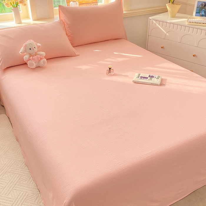 91家纺网 家纺一手货源 找家纺 晓时候 2026新款A类云感双层纱床单三件套单品单件床单 樱花粉