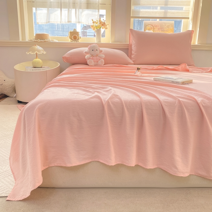 91家纺网 家纺一手货源 找家纺 晓时候 2026新款A类云感双层纱床单三件套单品单件床单 樱花粉