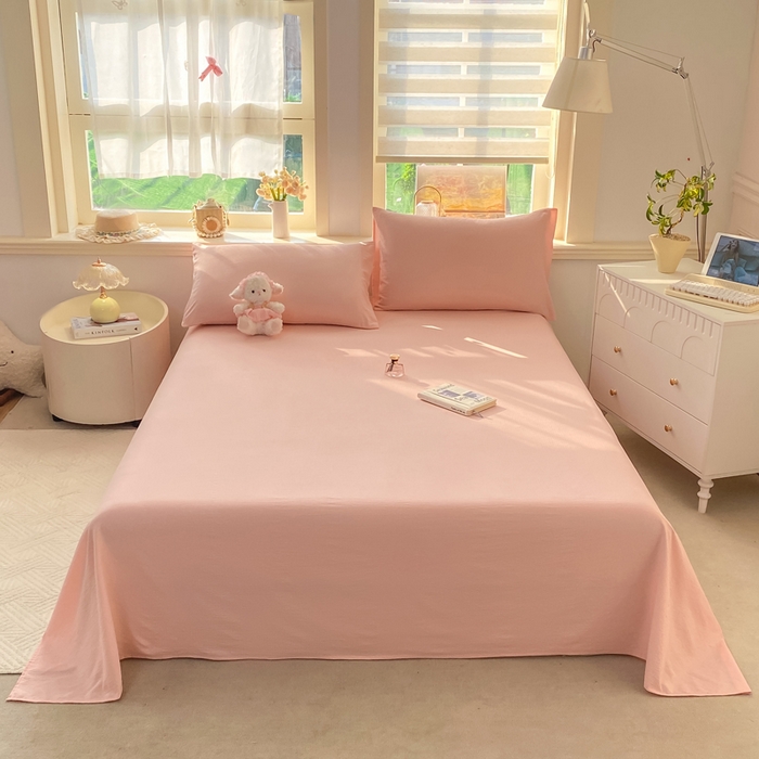 91家纺网 家纺一手货源 找家纺 晓时候 2026新款A类云感双层纱床单三件套单品单件床单 樱花粉