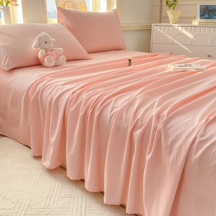 91家纺网 家纺一手货源 找家纺 晓时候 2026新款A类云感双层纱床单三件套单品单件床单 樱花粉