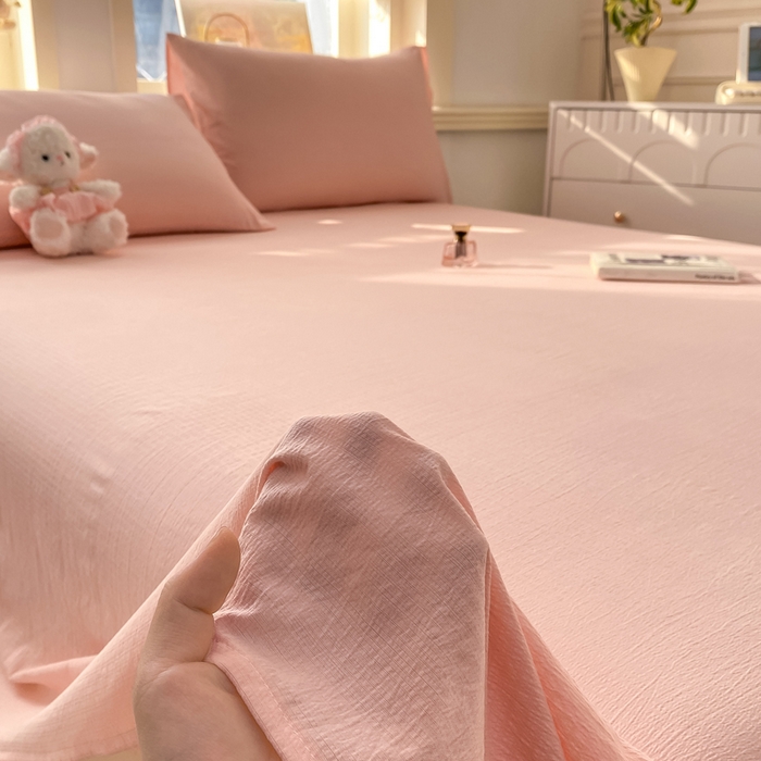 91家纺网 家纺一手货源 找家纺 晓时候 2026新款A类云感双层纱床单三件套单品单件床单 樱花粉