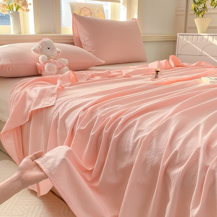 91家纺网 家纺一手货源 找家纺 晓时候 2026新款A类云感双层纱床单三件套单品单件床单 樱花粉