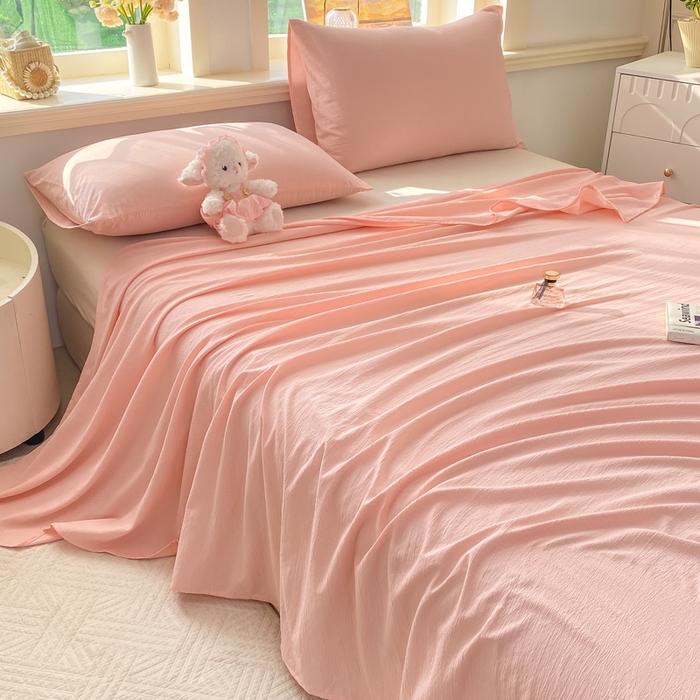 91家纺网 家纺一手货源 找家纺 晓时候 2026新款A类云感双层纱床单三件套单品单件床单 樱花粉