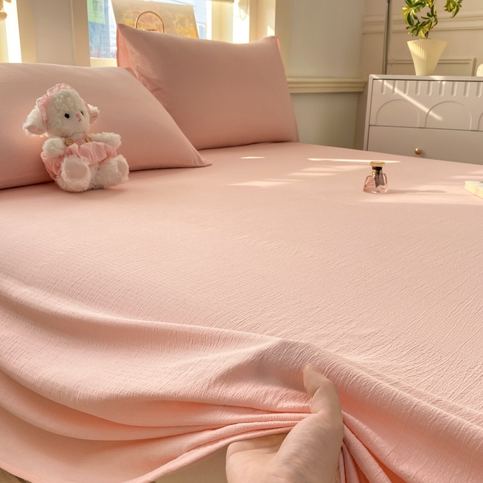 91家纺网 家纺一手货源 找家纺 晓时候 2026新款A类云感双层纱床单三件套单品单件床单 樱花粉