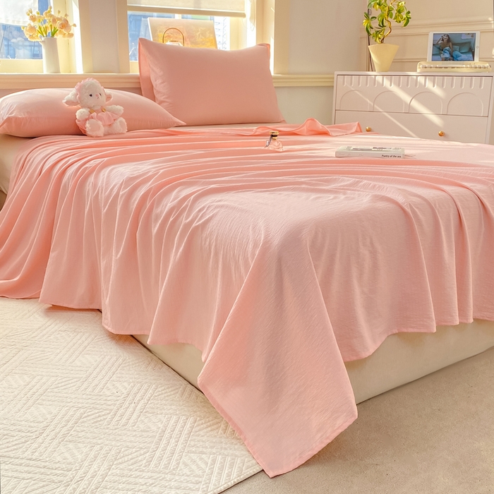 91家纺网 家纺一手货源 找家纺 晓时候 2026新款A类云感双层纱床单三件套单品单件床单 樱花粉