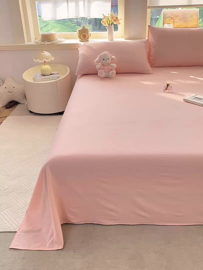 91家纺网 家纺一手货源 找家纺 晓时候 2026新款A类云感双层纱床单三件套单品单件床单 樱花粉