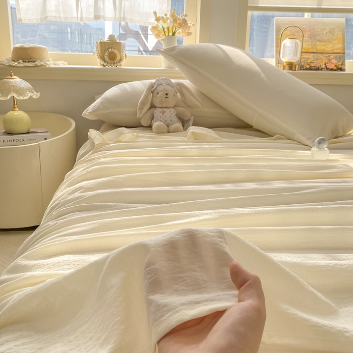 91家纺网 家纺一手货源 找家纺 晓时候 2026新款A类云感双层纱床单三件套单品单件床单 云朵白