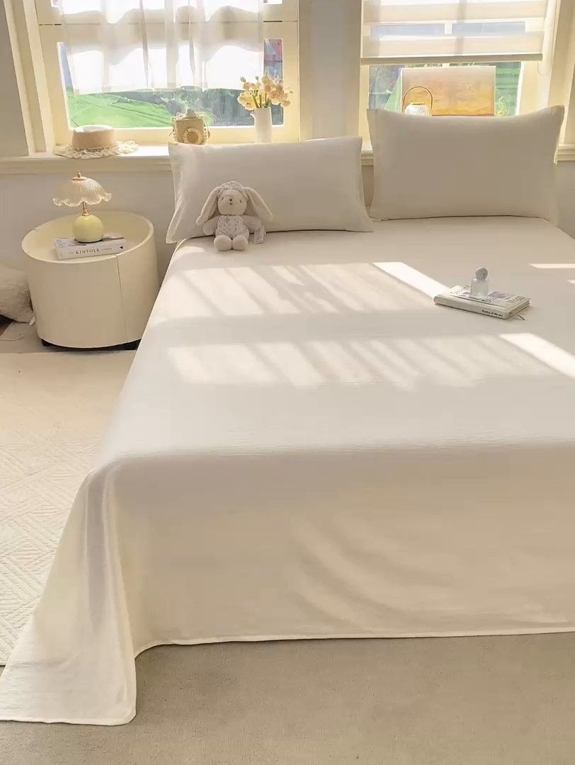 91家纺网 家纺一手货源 找家纺 晓时候 2026新款A类云感双层纱床单三件套单品单件床单 云朵白