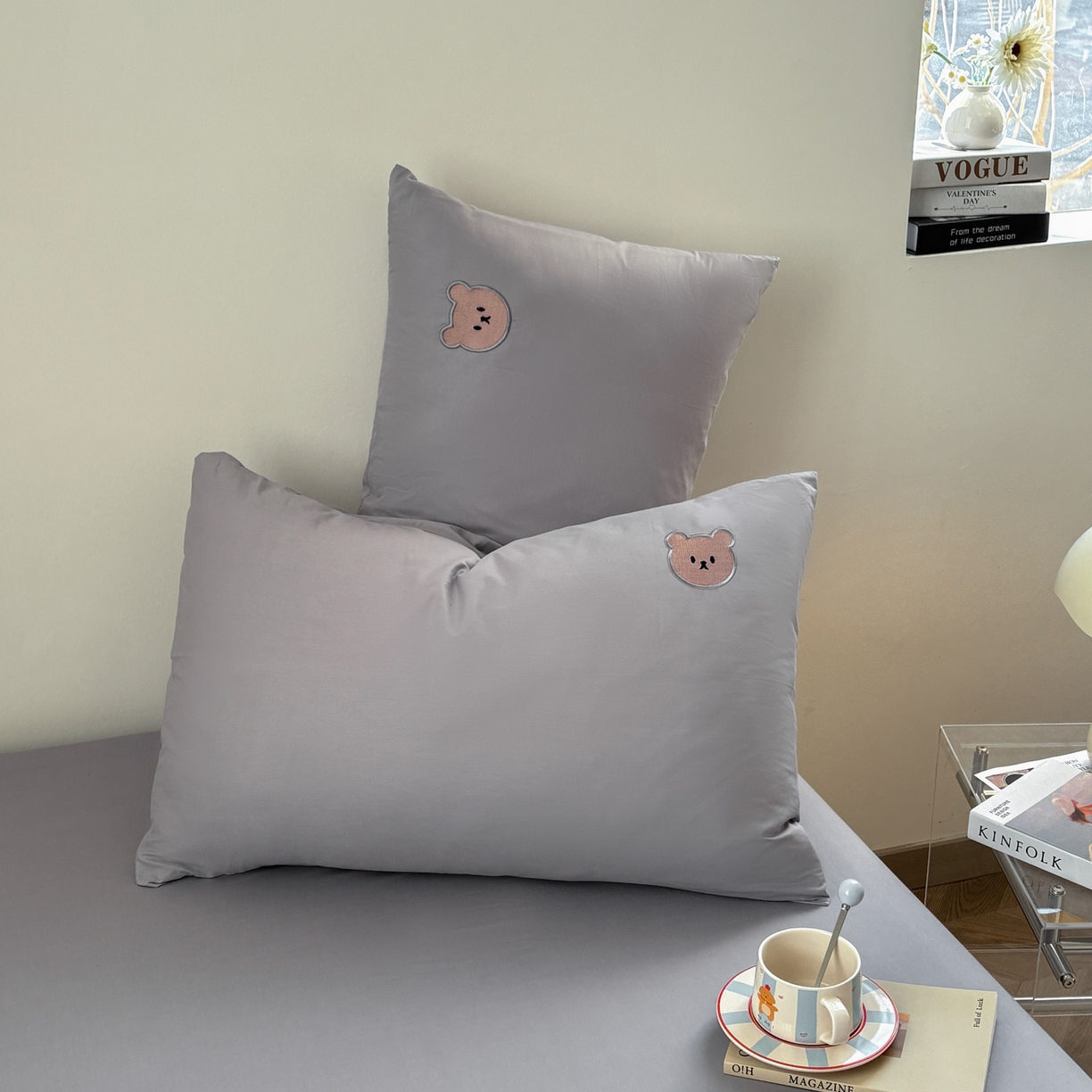 91家纺网 家纺一手货源 找家纺 居眠 2026新款全棉纯棉单层米乐熊单枕套枕套单件 米乐熊-灰色