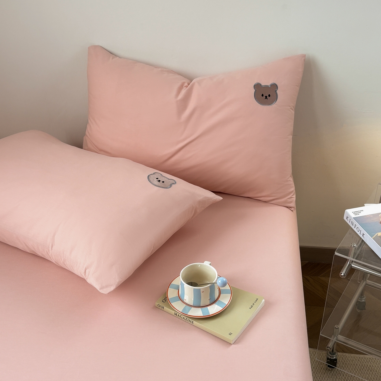 91家纺网 家纺一手货源 找家纺 居眠 2026新款全棉纯棉单层米乐熊单枕套枕套单件 米乐熊-粉色