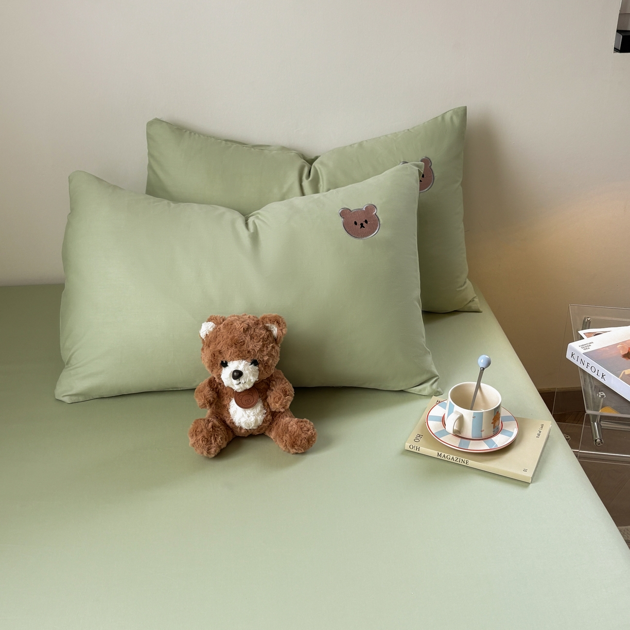 91家纺网 家纺一手货源 找家纺 居眠 2026新款全棉纯棉单层米乐熊单枕套枕套单件 米乐熊-绿色