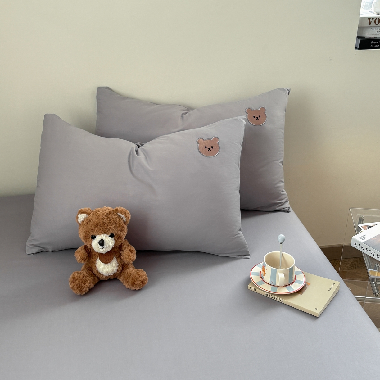 91家纺网 家纺一手货源 找家纺 居眠 2026新款全棉纯棉单层米乐熊单枕套枕套单件 米乐熊-灰色
