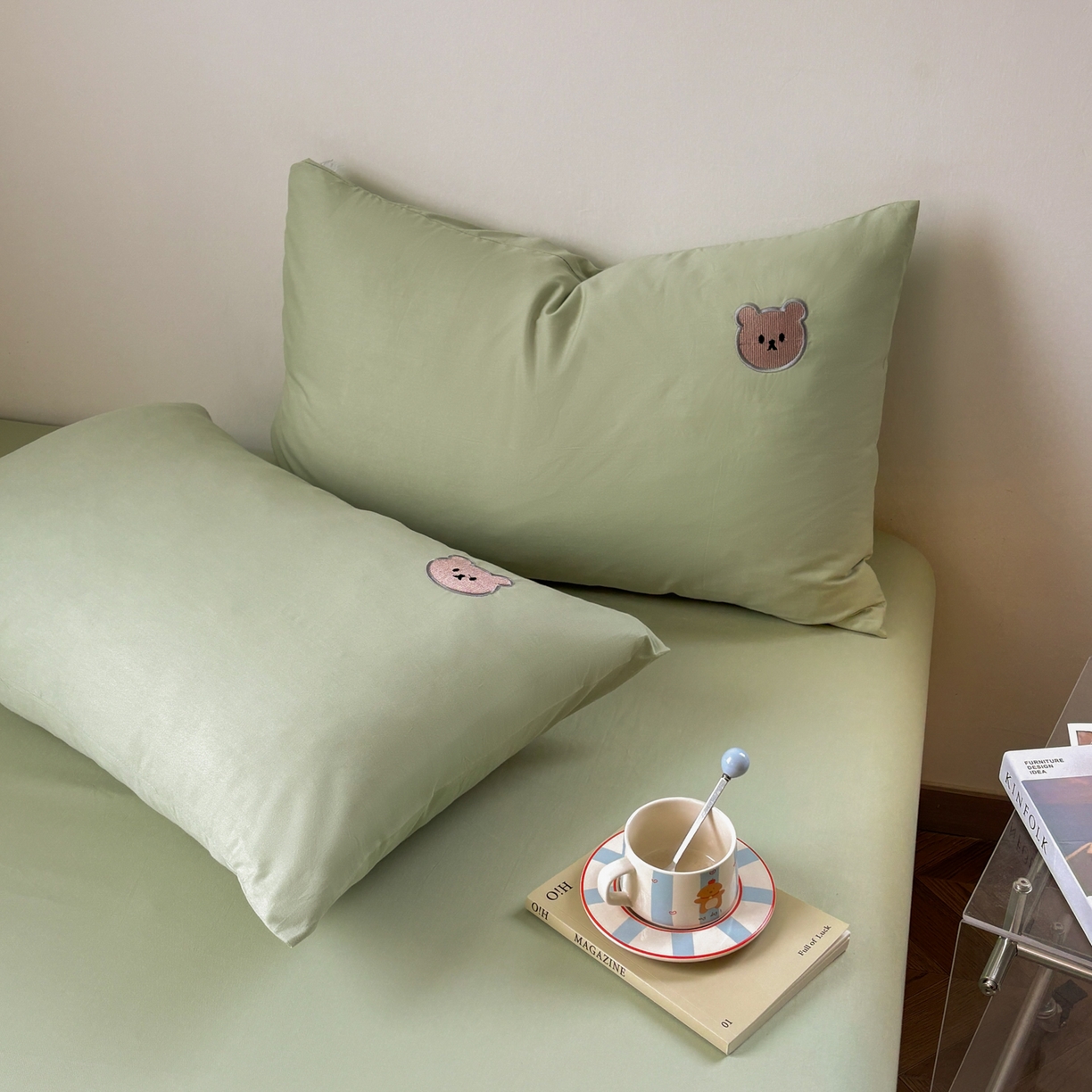 91家纺网 家纺一手货源 找家纺 居眠 2026新款全棉纯棉单层米乐熊单枕套枕套单件 米乐熊-绿色