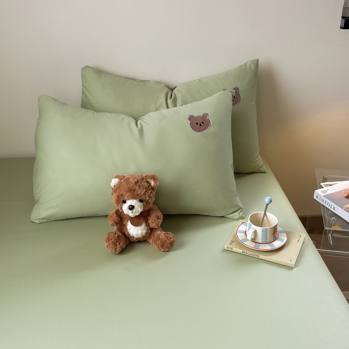 91家纺网 家纺一手货源 找家纺 居眠 2026新款全棉纯棉单层米乐熊单枕套枕套单件 米乐熊-绿色