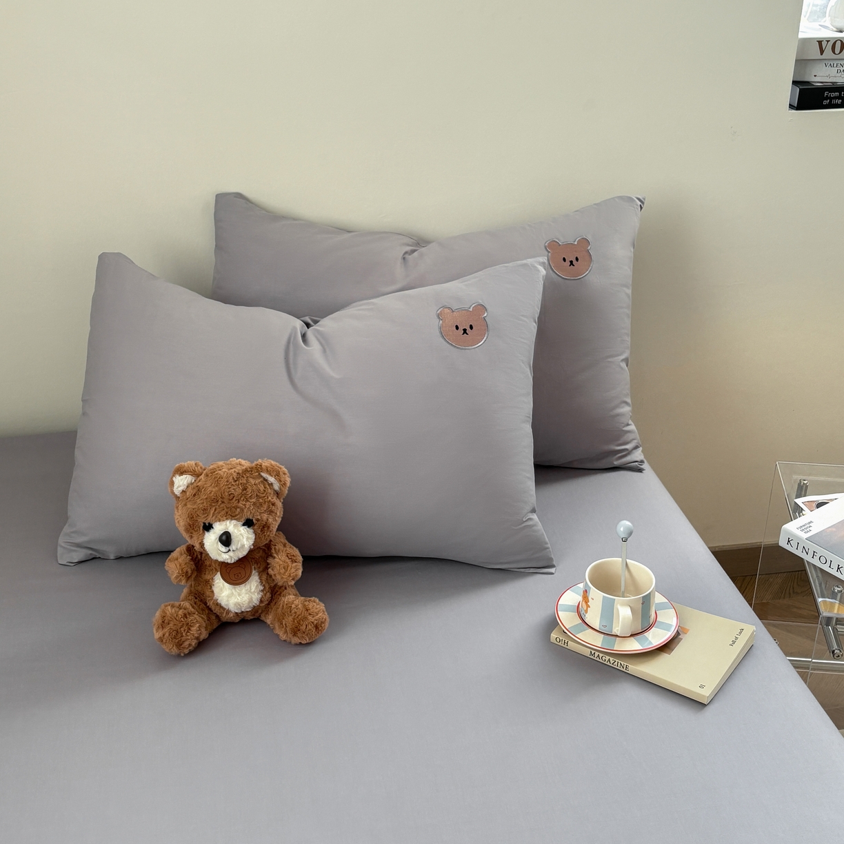 91家纺网 家纺一手货源 找家纺 居眠 2026新款全棉纯棉单层米乐熊单枕套枕套单件 米乐熊-灰色