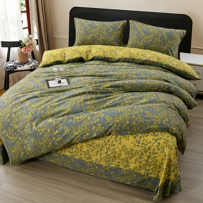 91家纺网 家纺一手货源 找家纺 恋之语 2026新款双层纱原麻复古风四件套 金枝绿叶