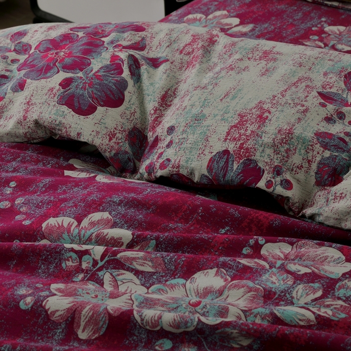 91家纺网 家纺一手货源 找家纺 恋之语 2026新款双层纱原麻复古风四件套 酒红花事