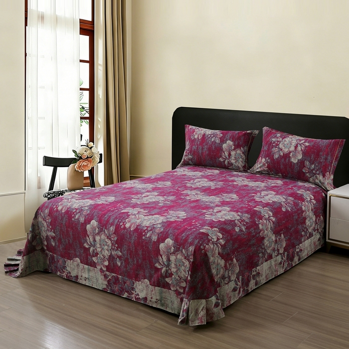 91家纺网 家纺一手货源 找家纺 恋之语 2026新款双层纱原麻复古风四件套 酒红花事