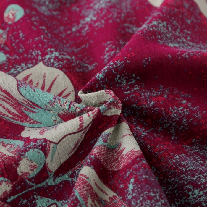 91家纺网 家纺一手货源 找家纺 恋之语 2026新款双层纱原麻复古风四件套 酒红花事