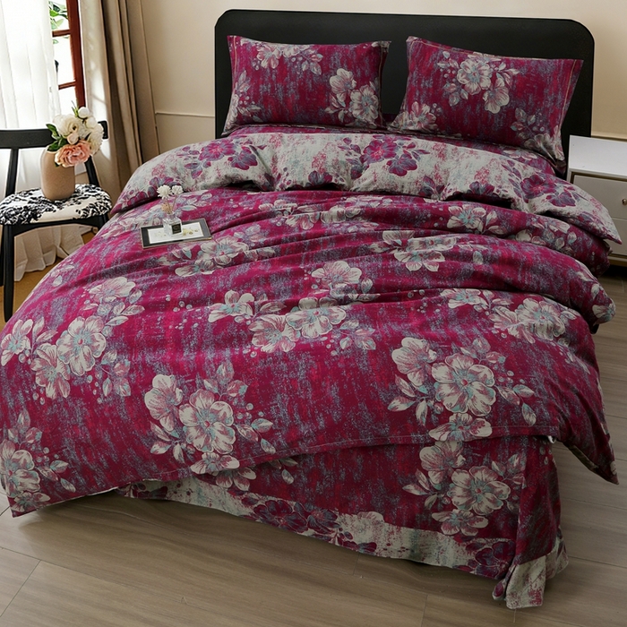 91家纺网 家纺一手货源 找家纺 恋之语 2026新款双层纱原麻复古风四件套 酒红花事