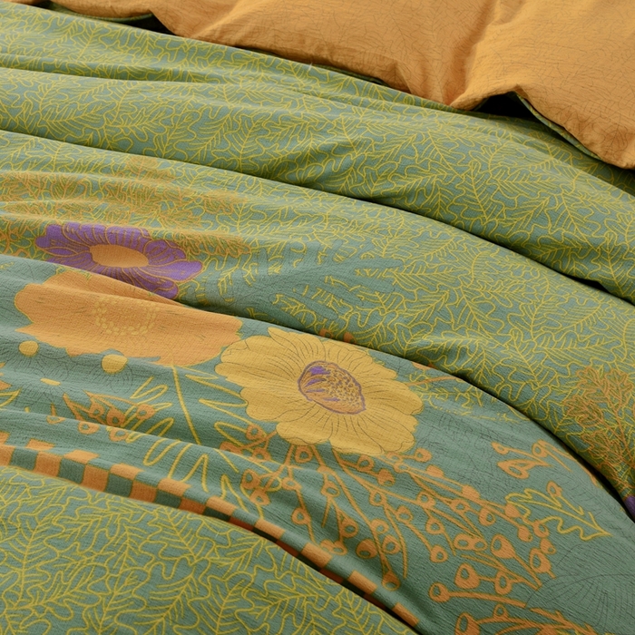 91家纺网 家纺一手货源 找家纺 恋之语 2026新款双层纱原麻复古风四件套 绿野金葵