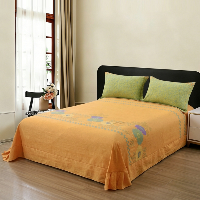 91家纺网 家纺一手货源 找家纺 恋之语 2026新款双层纱原麻复古风四件套 绿野金葵