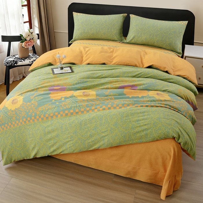 91家纺网 家纺一手货源 找家纺 恋之语 2026新款双层纱原麻复古风四件套 绿野金葵