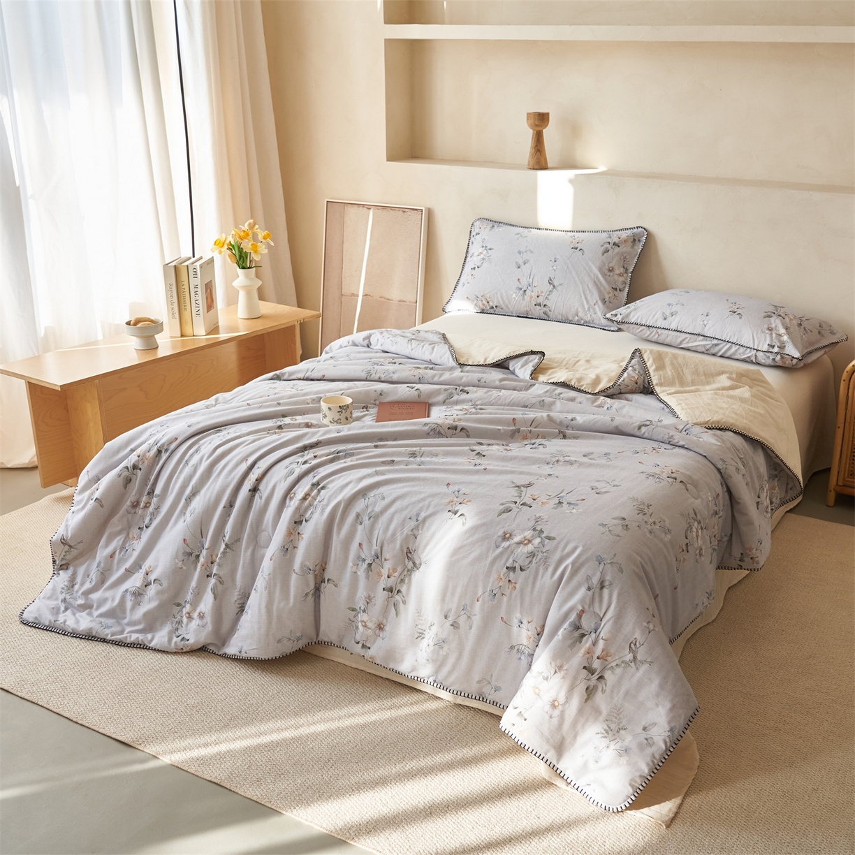 91家纺网 家纺一手货源 找家纺 恬思语家纺 2026春夏新款棉麻印花棉花夏被空调被夏凉被四件套花卉系列 蓝汐