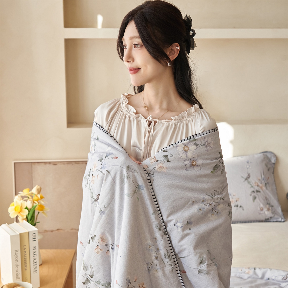 91家纺网 家纺一手货源 找家纺 恬思语家纺 2026春夏新款棉麻印花棉花夏被空调被夏凉被四件套花卉系列 蓝汐