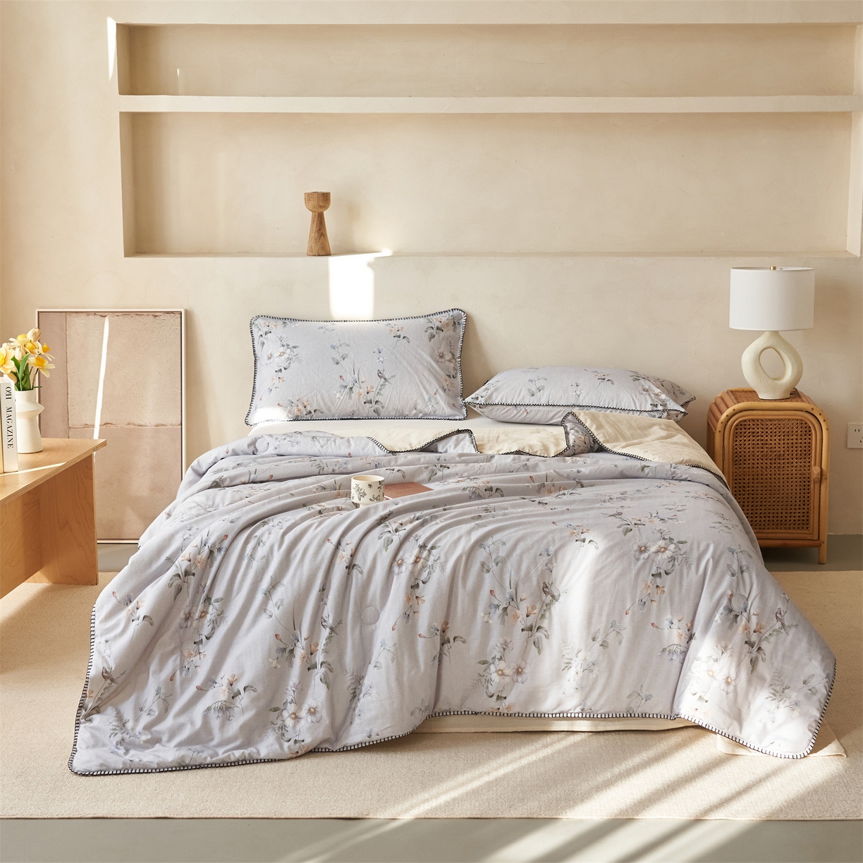 91家纺网 家纺一手货源 找家纺 恬思语家纺 2026春夏新款棉麻印花棉花夏被空调被夏凉被四件套花卉系列 蓝汐