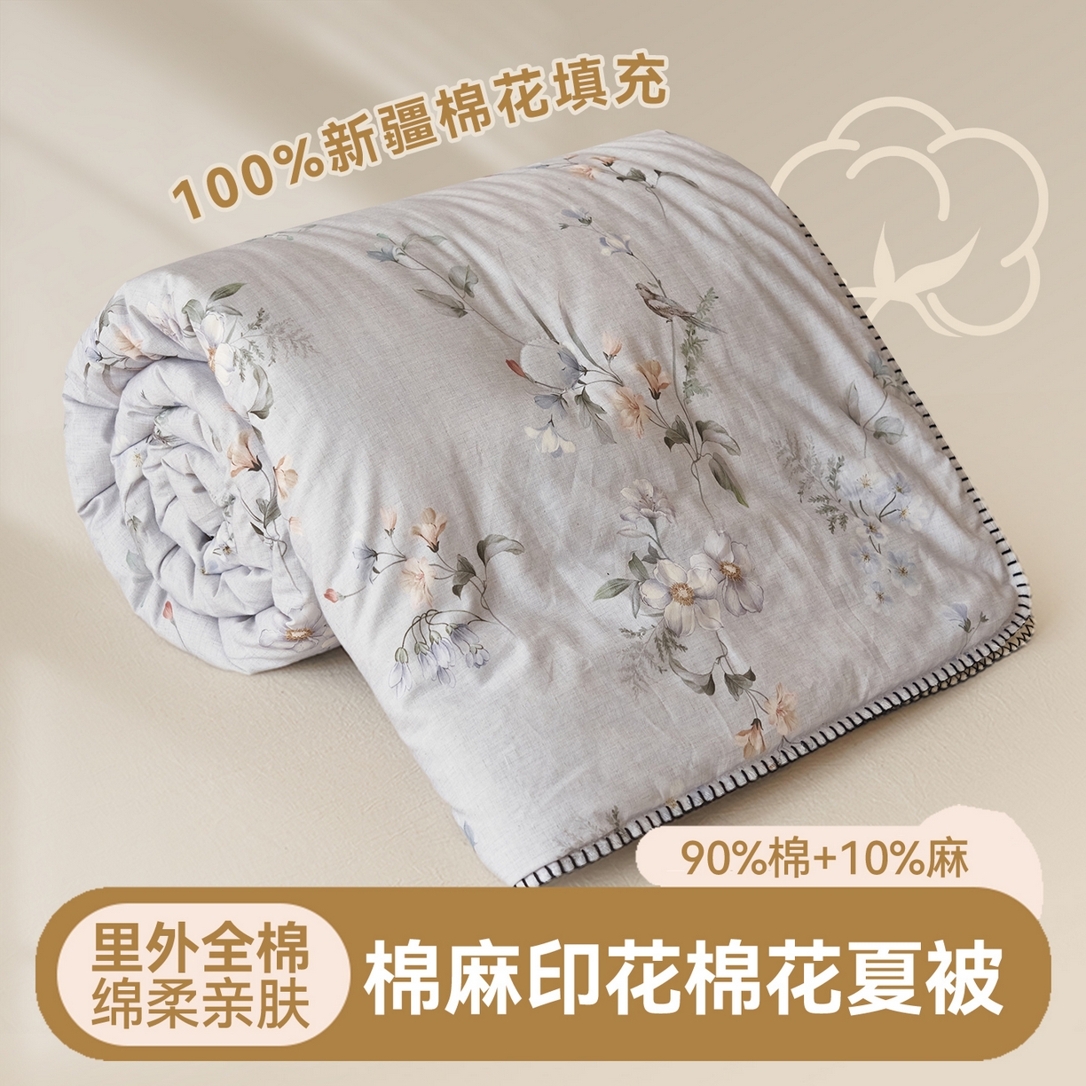 91家纺网 家纺一手货源 找家纺 恬思语家纺 2026春夏新款棉麻印花棉花夏被空调被夏凉被四件套花卉系列 蓝汐