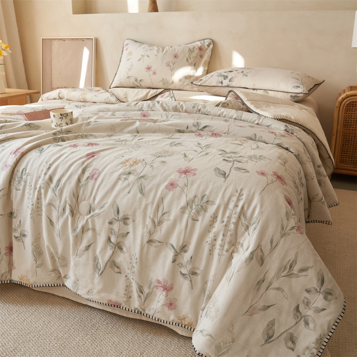 91家纺网 家纺一手货源 找家纺 （总）恬思语家纺 2026春夏新款棉麻印花棉花夏被空调被夏凉被四件套花卉系列